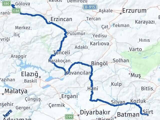 Sivas Gölova Siirt Arası Kaç Km - Yol Haritası