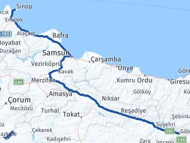Sivas Gölova Sinop Arası Kaç Km - Yol Haritası