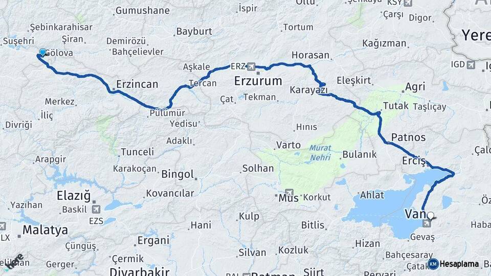 Sivas Gölova Van Arası Kaç Km - Yol Haritası