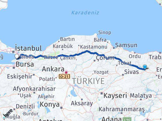 Sivas Gölova Yalova Arası Kaç Km - Yol Haritası