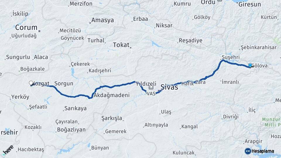 Sivas Gölova Yozgat Arası Kaç Km - Yol Haritası