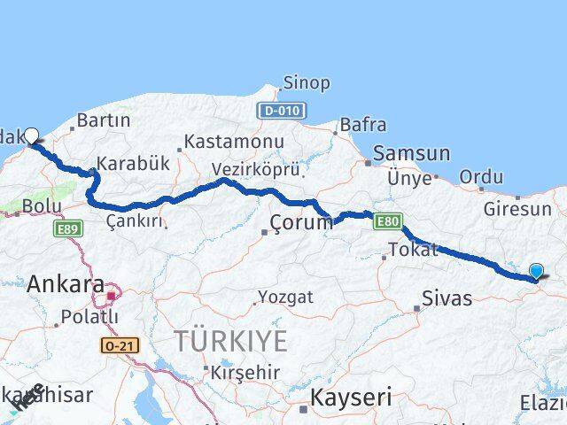Sivas Gölova Zonguldak Arası Kaç Km - Yol Haritası