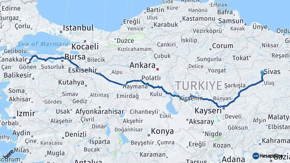 Sivas Gönen Balıkesir Arası Kaç Km - Yol Haritası