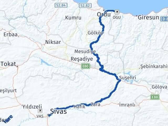 Sivas Gülyalı Ordu Arası Kaç Km - Yol Haritası