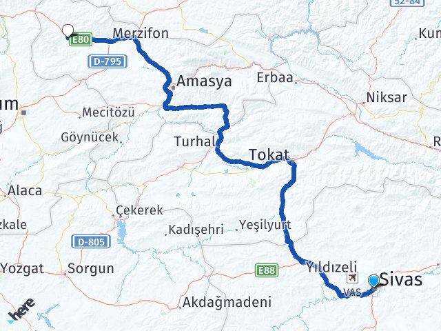 Sivas Gümüşhacıköy Amasya Arası Kaç Km - Yol Haritası
