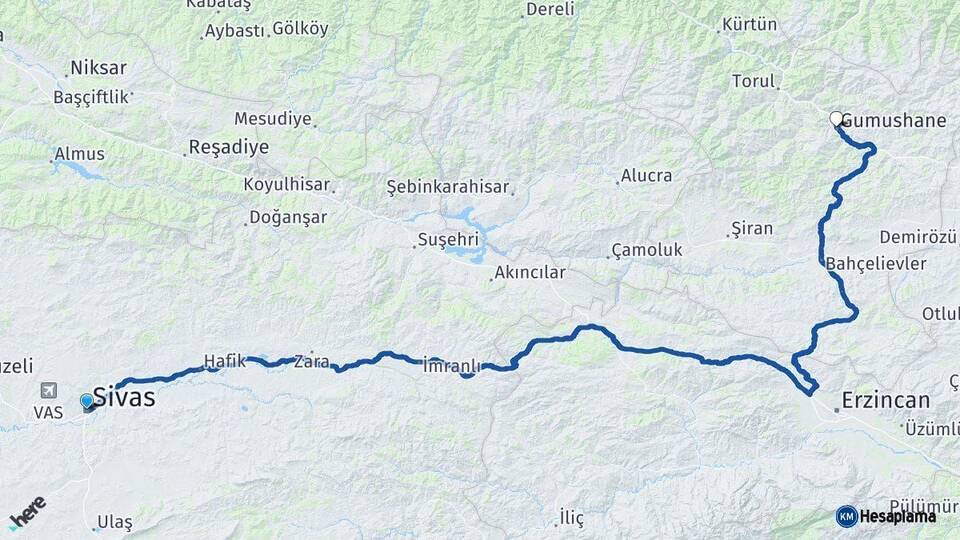 Sivas Gümüşhane Arası Kaç Km - Yol Haritası