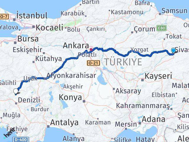 Sivas Güney Denizli Arası Kaç Km - Yol Haritası