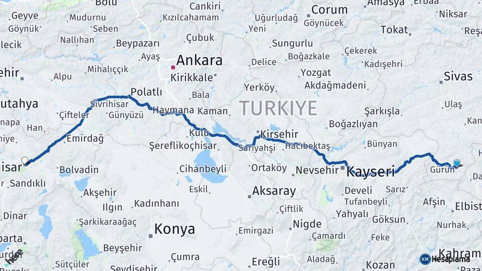 Sivas Gürün Afyonkarahisar Arası Kaç Km - Yol Haritası
