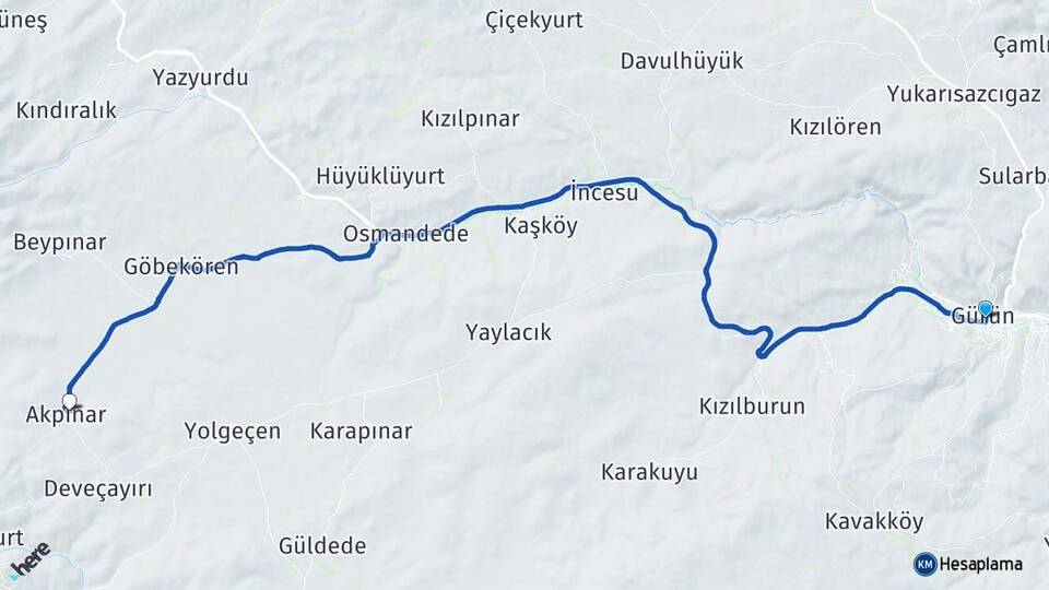 Sivas Gürün Akpınar Gürün Arası Kaç Km - Yol Haritası