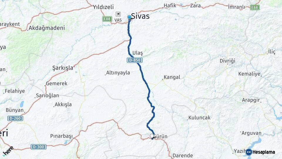 Sivas Gürün Arası Kaç Km - Yol Haritası