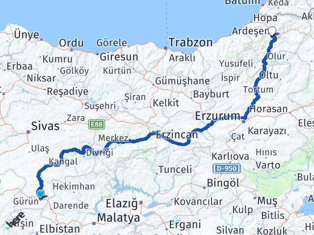 Sivas Gürün Artvin Arası Kaç Km - Yol Haritası