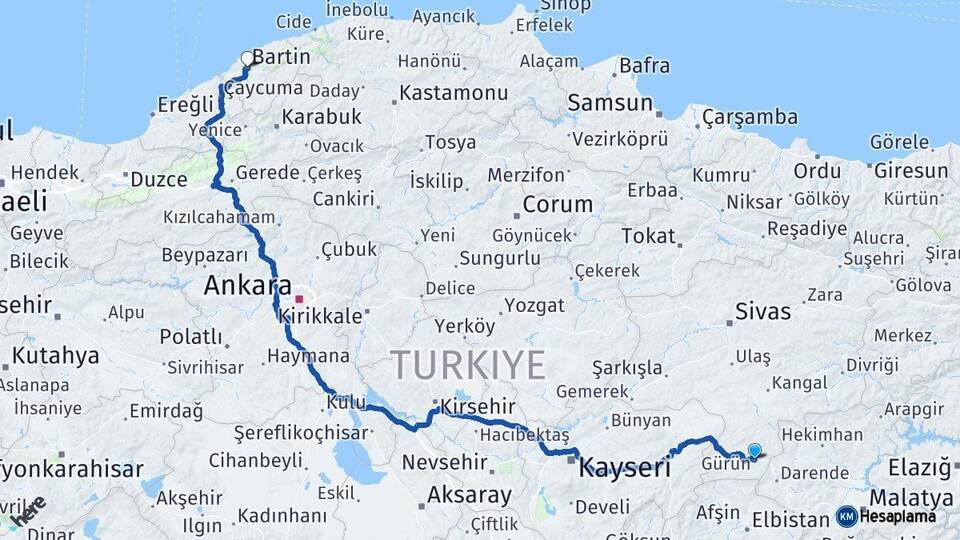 Sivas Gürün Bartın Arası Kaç Km - Yol Haritası