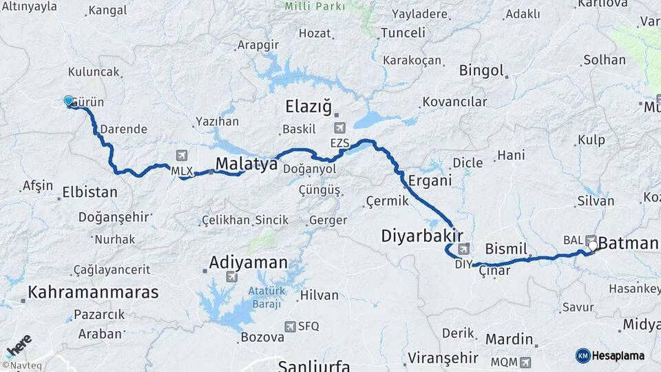 Sivas Gürün Batman Arası Kaç Km - Yol Haritası