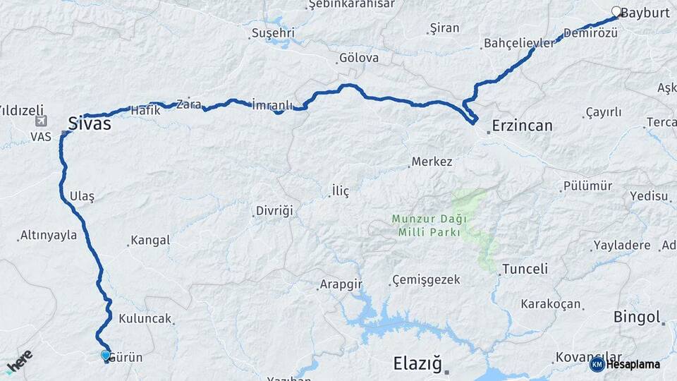 Sivas Gürün Bayburt Arası Kaç Km - Yol Haritası