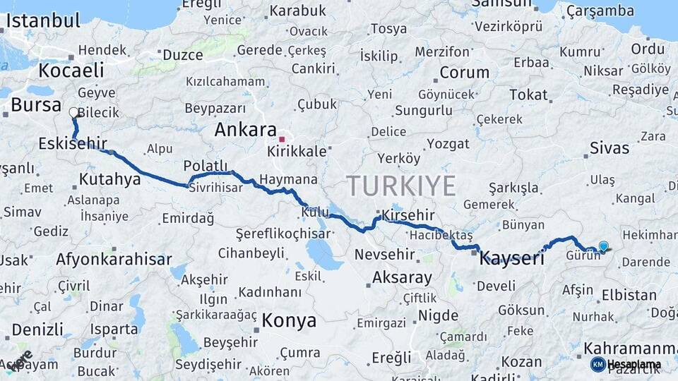 Sivas Gürün Bilecik Arası Kaç Km - Yol Haritası