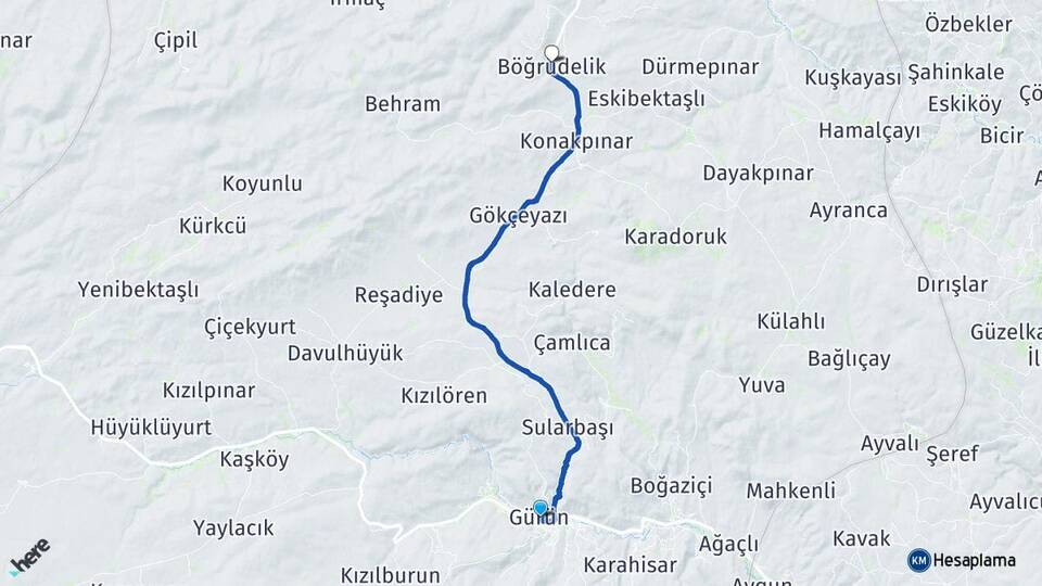Sivas Gürün Böğrüdelik Gürün Arası Kaç Km - Yol Haritası