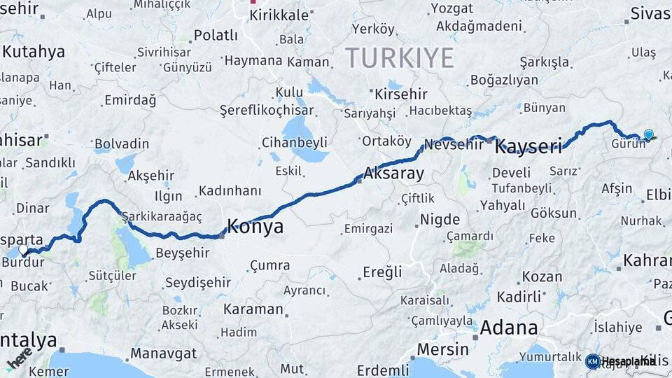Sivas Gürün Burdur Arası Kaç Km - Yol Haritası