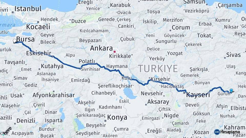 Sivas Gürün Bursa Arası Kaç Km - Yol Haritası