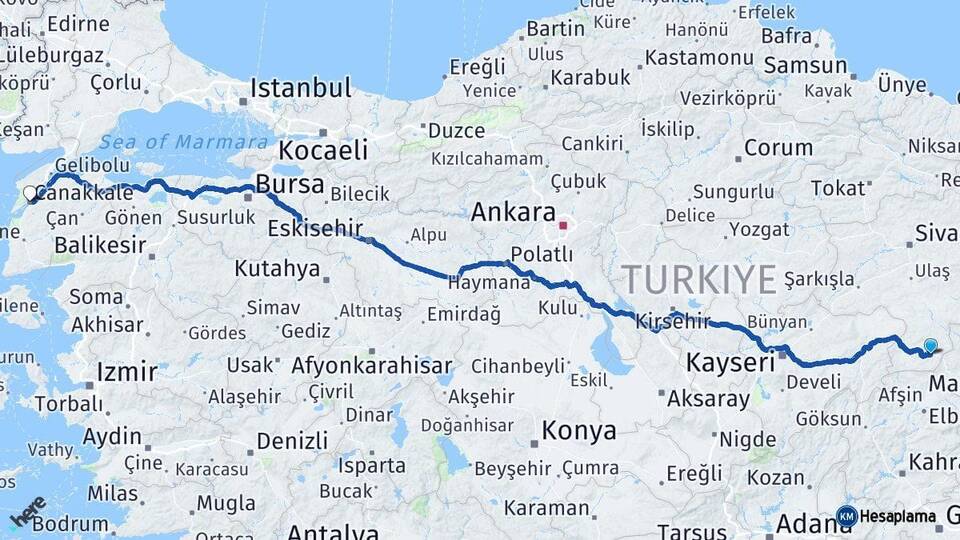 Sivas Gürün Çanakkale Arası Kaç Km - Yol Haritası
