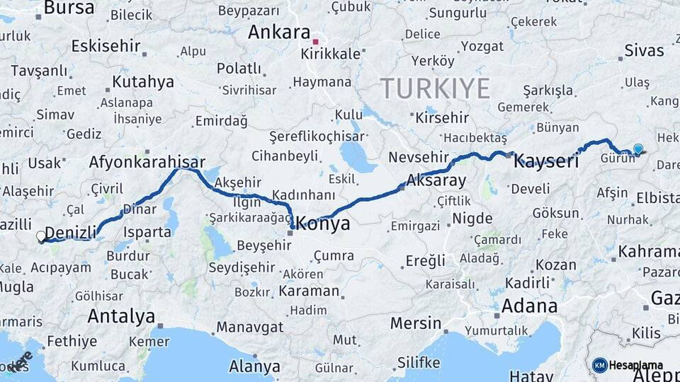 Sivas Gürün Denizli Arası Kaç Km - Yol Haritası