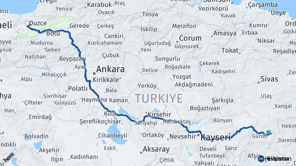 Sivas Gürün Düzce Arası Kaç Km - Yol Haritası