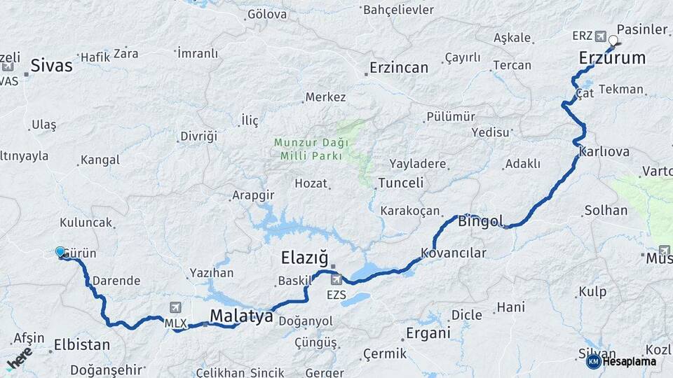 Sivas Gürün Erzurum Arası Kaç Km - Yol Haritası