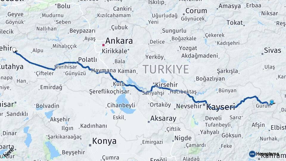 Sivas Gürün Eskişehir Arası Kaç Km - Yol Haritası