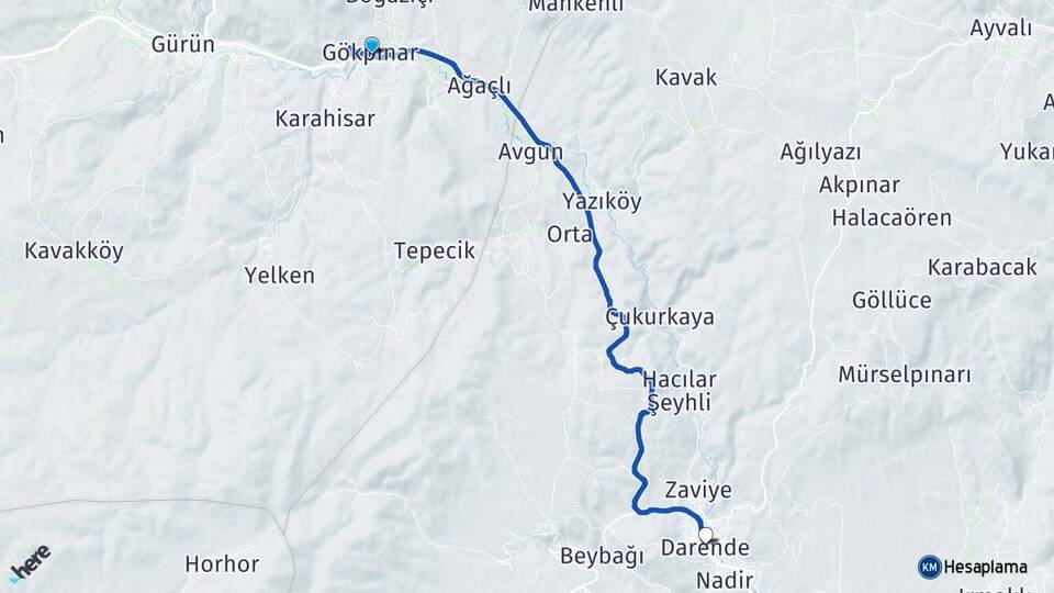Sivas Gürün Gökpınar Darende Malatya Arası Kaç Km - Yol Haritası