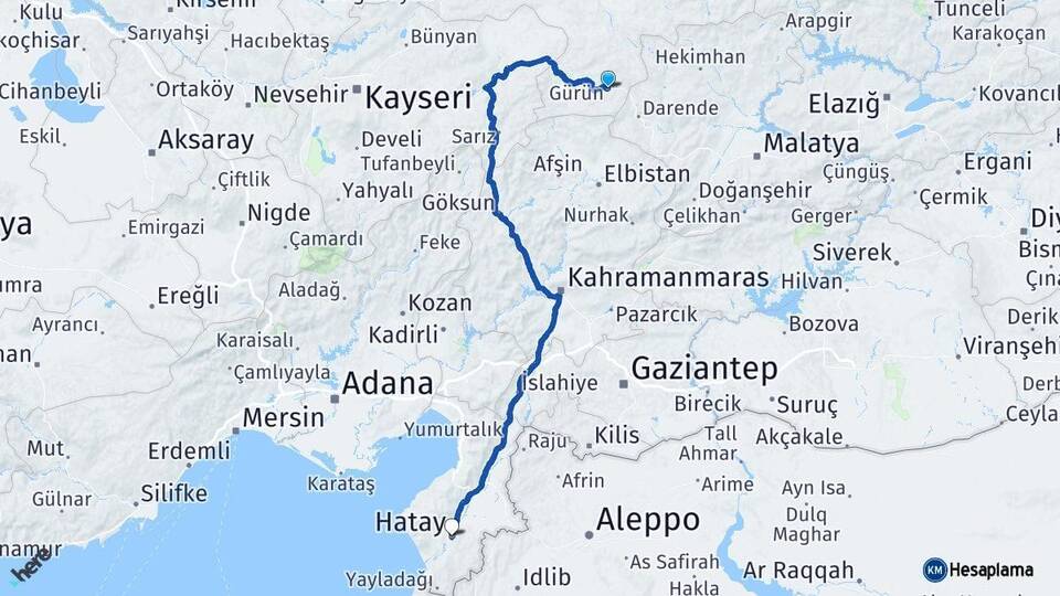 Sivas Gürün Hatay Arası Kaç Km - Yol Haritası