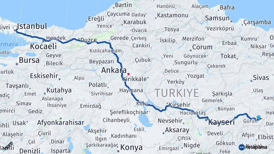 Sivas Gürün İstanbul Arası Kaç Km - Yol Haritası