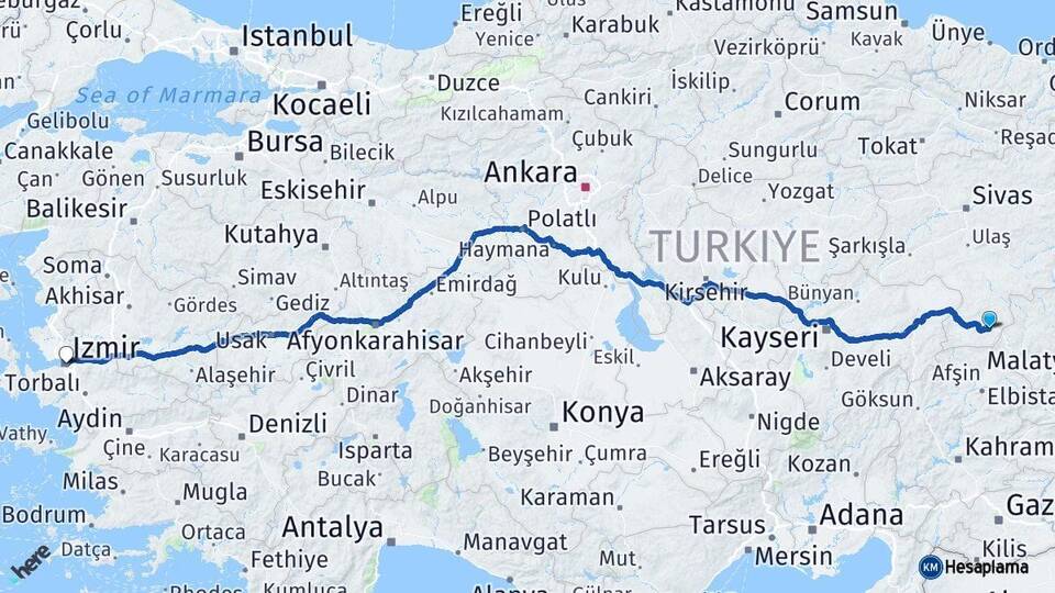 Sivas Gürün İzmir Arası Kaç Km - Yol Haritası