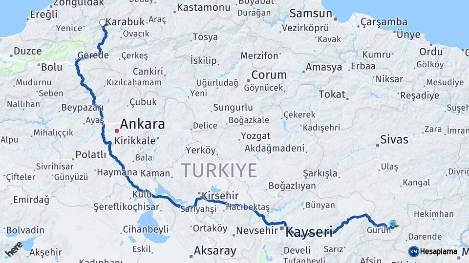 Sivas Gürün Karabük Arası Kaç Km - Yol Haritası