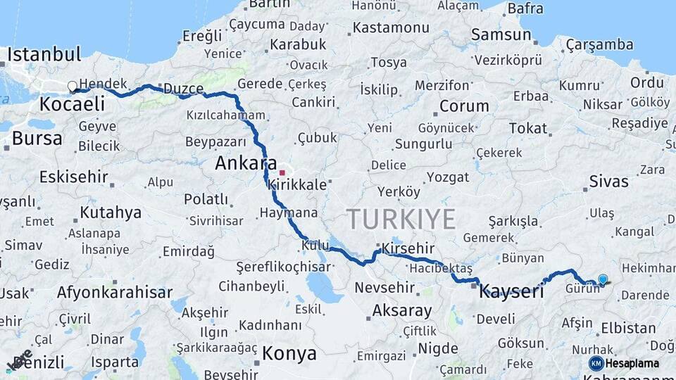 Sivas Gürün Kocaeli Arası Kaç Km - Yol Haritası