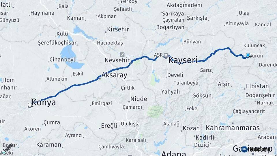 Sivas Gürün Konya Arası Kaç Km - Yol Haritası