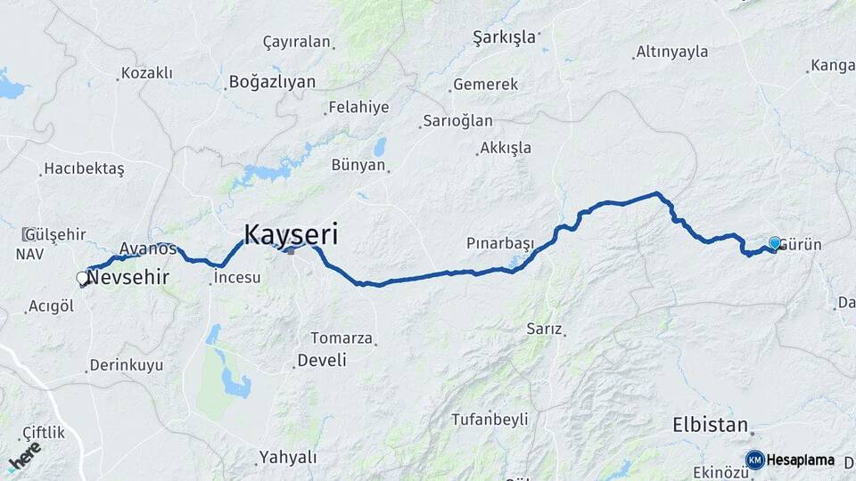 Sivas Gürün Nevşehir Arası Kaç Km - Yol Haritası