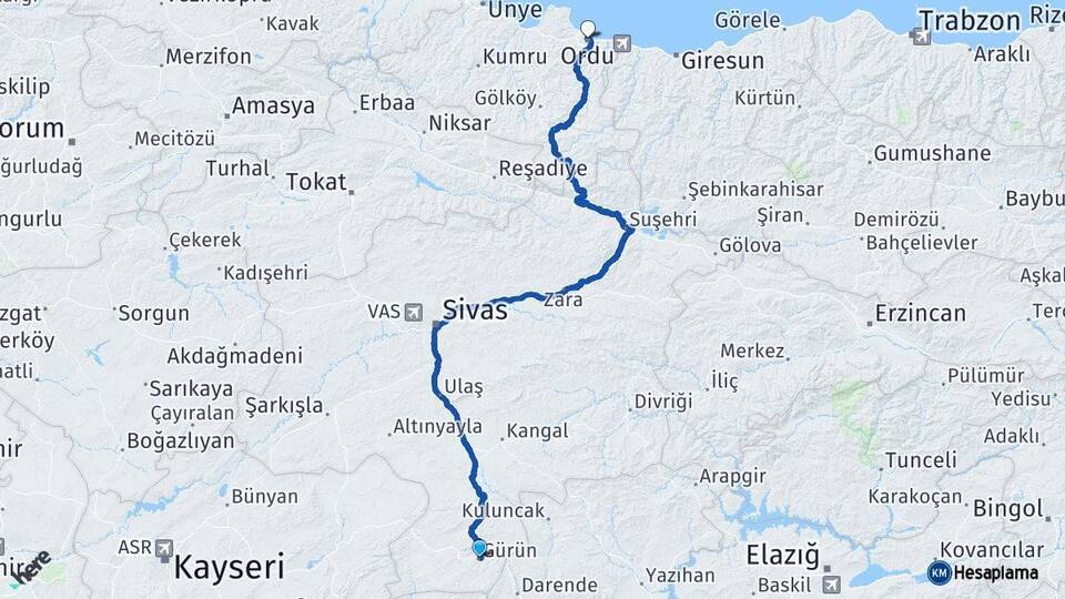 Sivas Gürün Ordu Arası Kaç Km - Yol Haritası