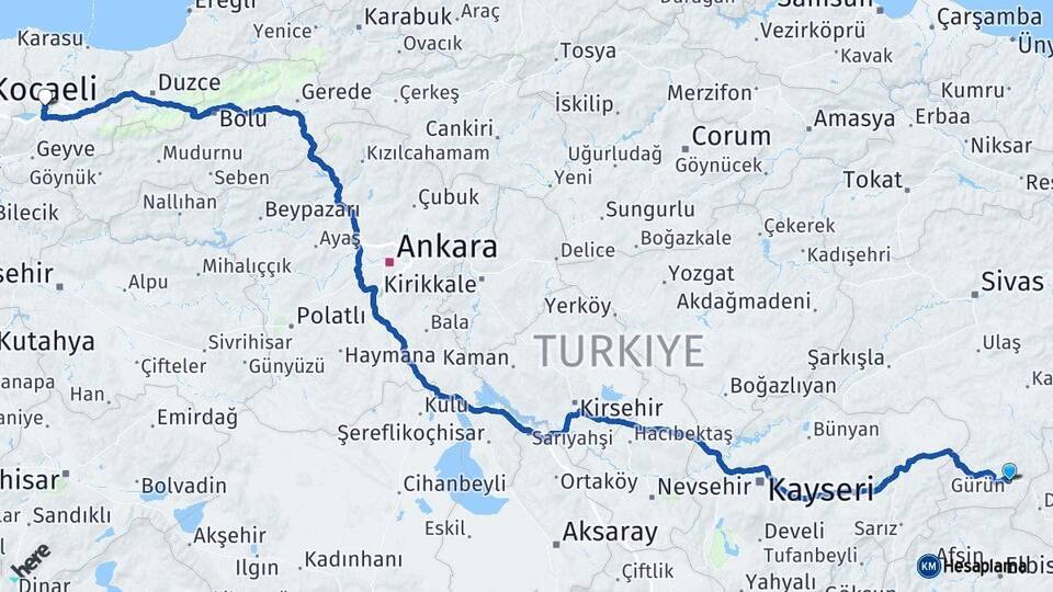 Sivas Gürün Sakarya Arası Kaç Km - Yol Haritası