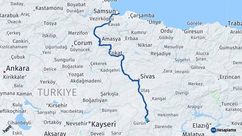 Sivas Gürün Samsun Arası Kaç Km - Yol Haritası