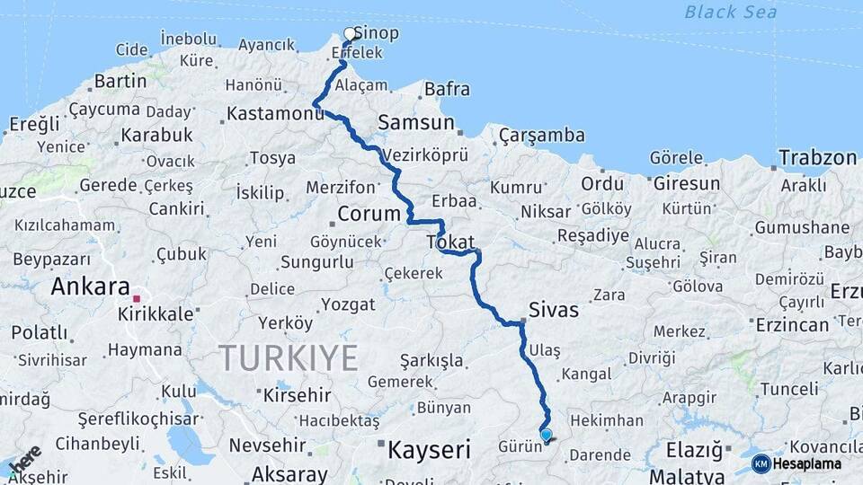Sivas Gürün Sinop Arası Kaç Km - Yol Haritası