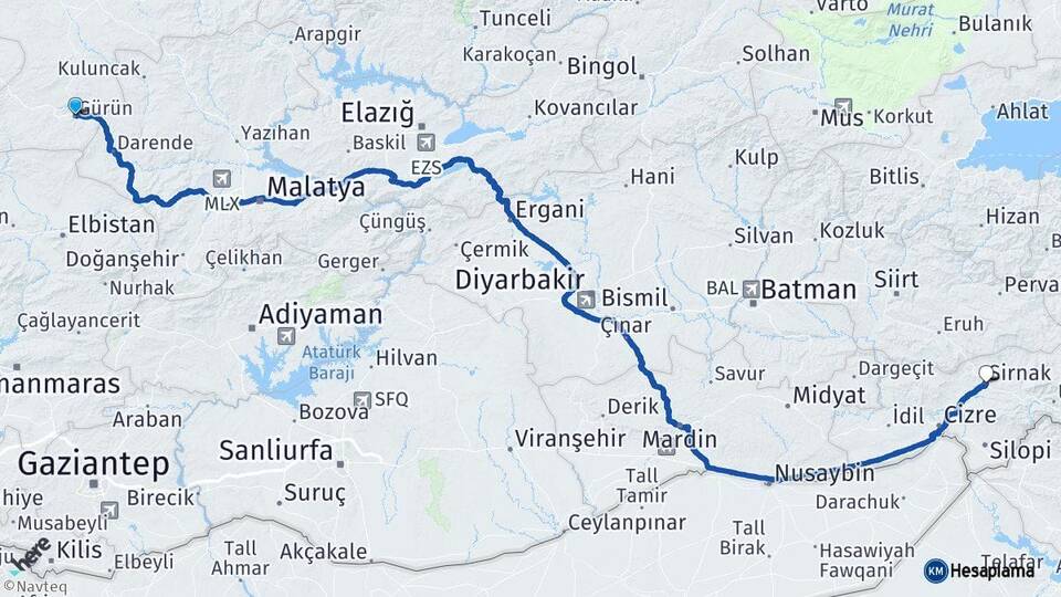 Sivas Gürün Şırnak Arası Kaç Km - Yol Haritası
