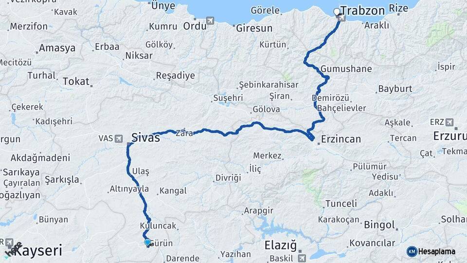 Sivas Gürün Trabzon Arası Kaç Km - Yol Haritası