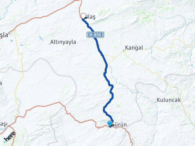 Sivas Gürün Ulaş Arası Kaç Km - Yol Haritası