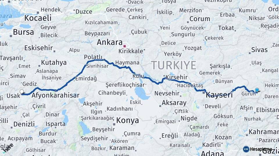 Sivas Gürün Uşak Arası Kaç Km - Yol Haritası