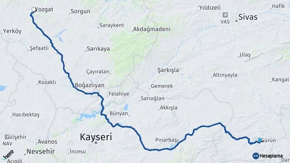 Sivas Gürün Yozgat Arası Kaç Km - Yol Haritası