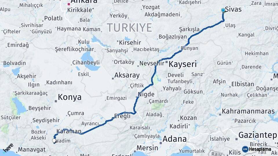 Sivas Hadim Konya Arası Kaç Km - Yol Haritası