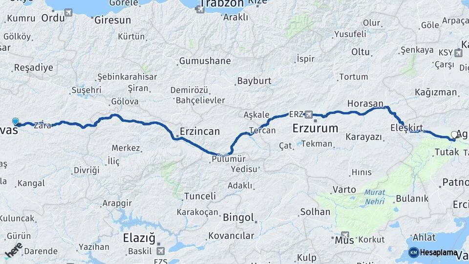 Sivas Hafik Ağrı Arası Kaç Km - Yol Haritası
