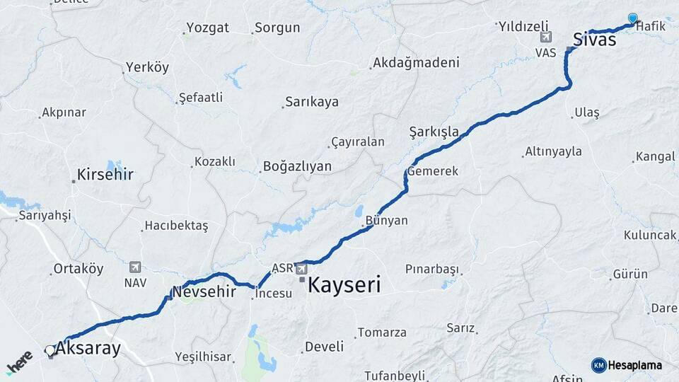 Sivas Hafik Aksaray Arası Kaç Km - Yol Haritası
