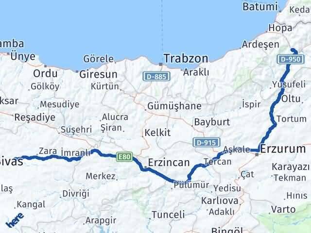 Sivas Hafik Artvin Arası Kaç Km - Yol Haritası
