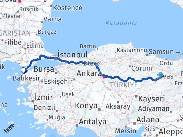 Sivas Hafik Çanakkale Arası Kaç Km - Yol Haritası