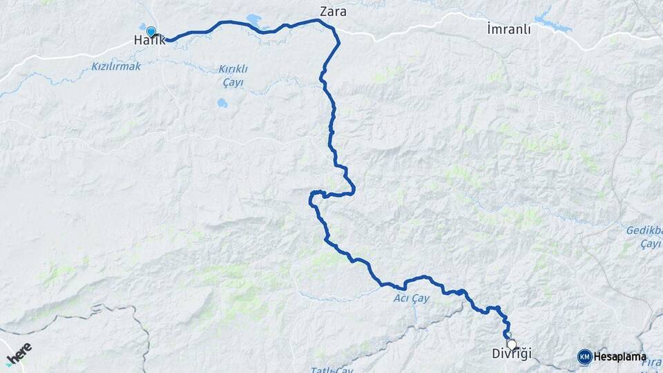 Sivas Hafik Divriği Arası Kaç Km - Yol Haritası